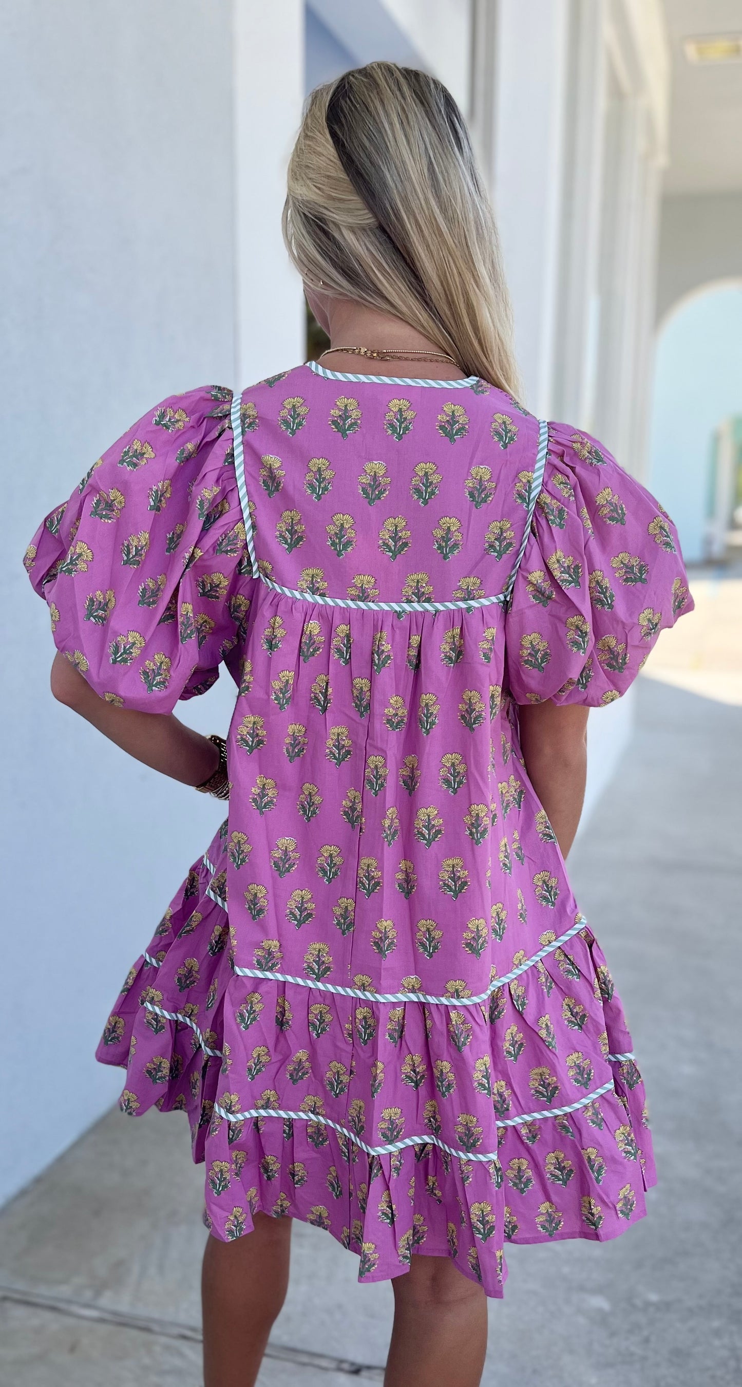 Pink Floral Puff Sleeve Dress