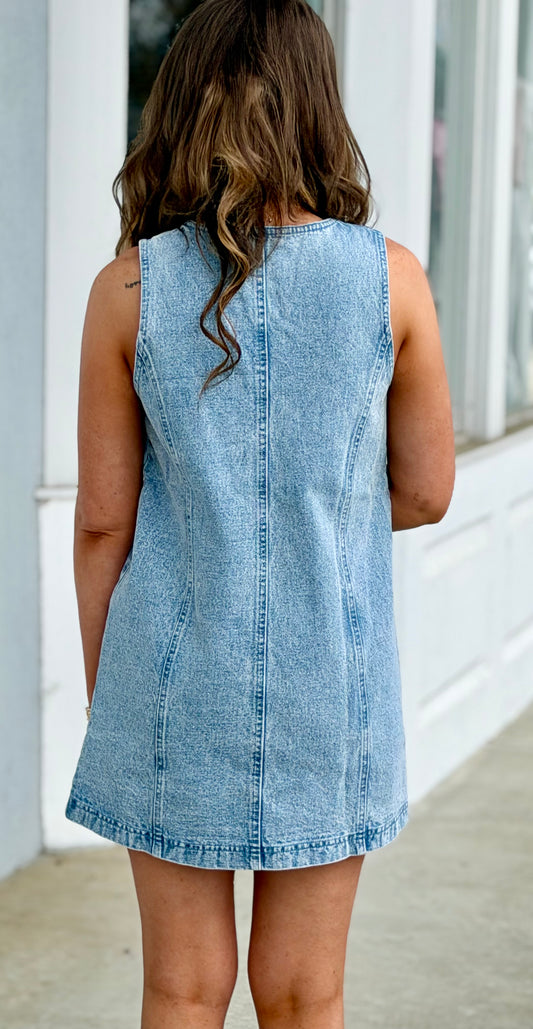 Lt Denim V Neck Button Down Mini Dress