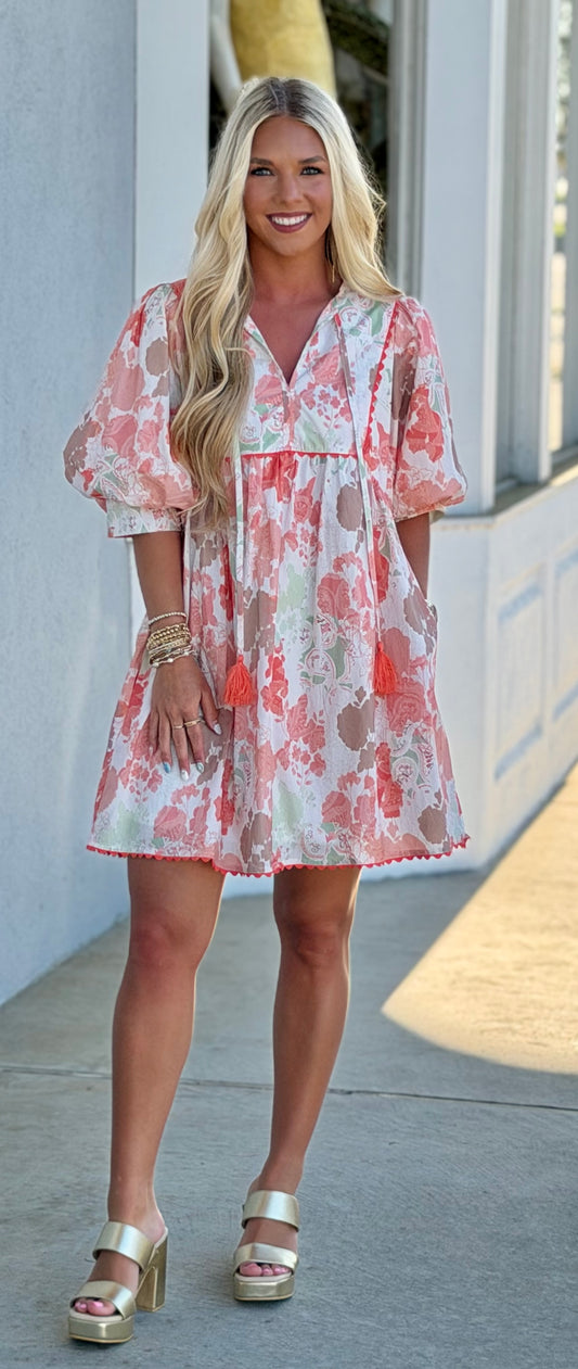Floral Watercolor Bubble Sleeve Dress