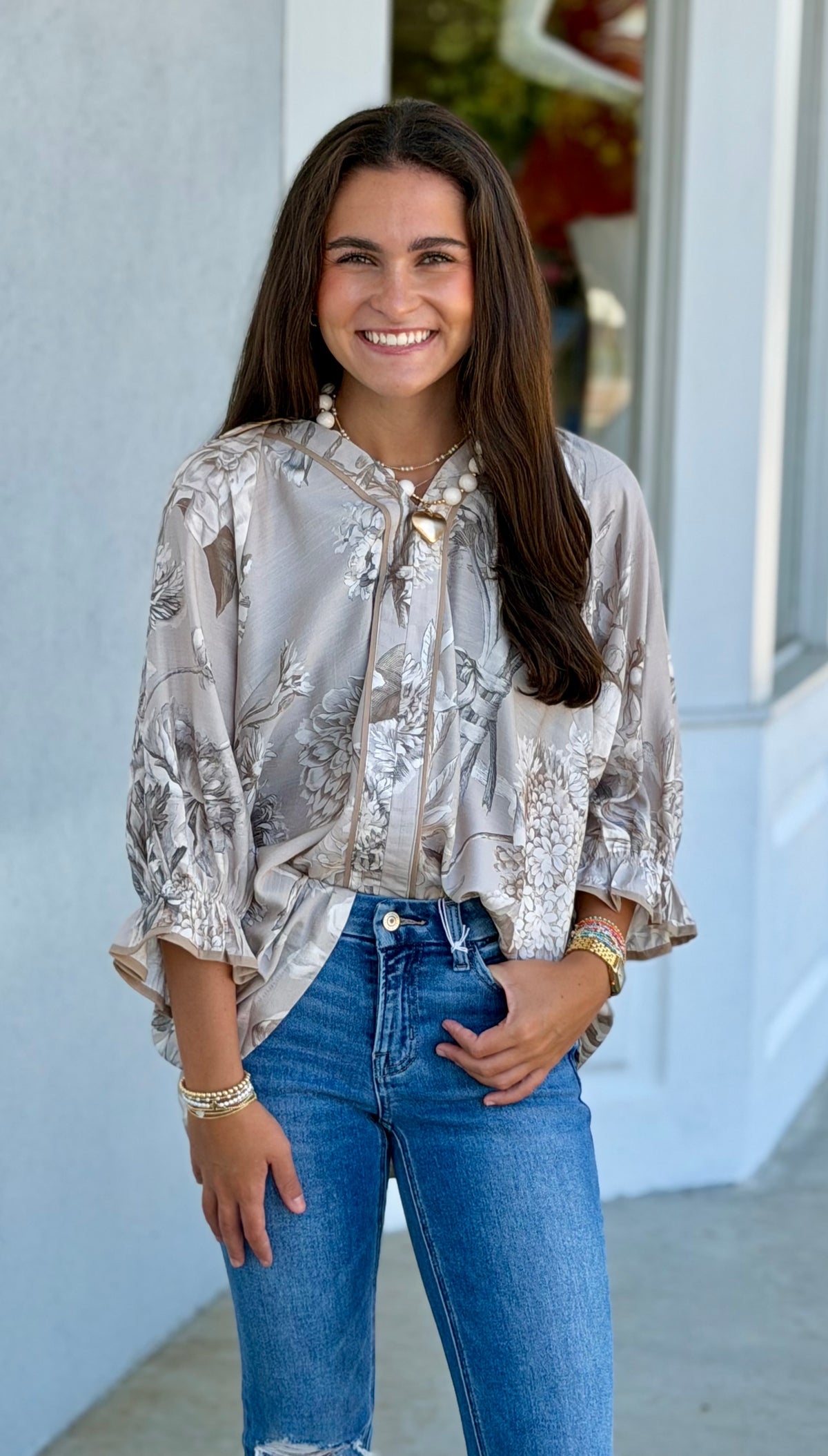 Taupe Floral Print Split Neck Blouse
