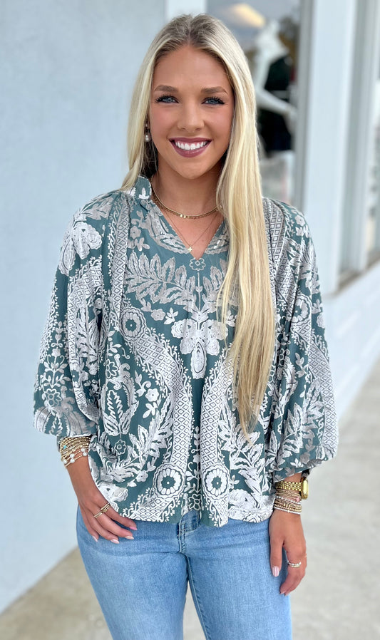 Velvet Printed Top , Sage