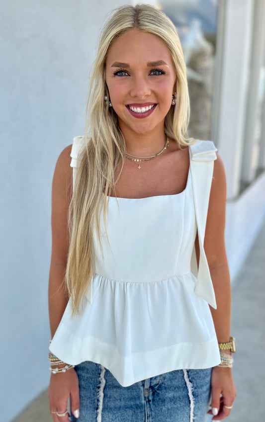 Bow Accent Ruffle Hem Top , Off White