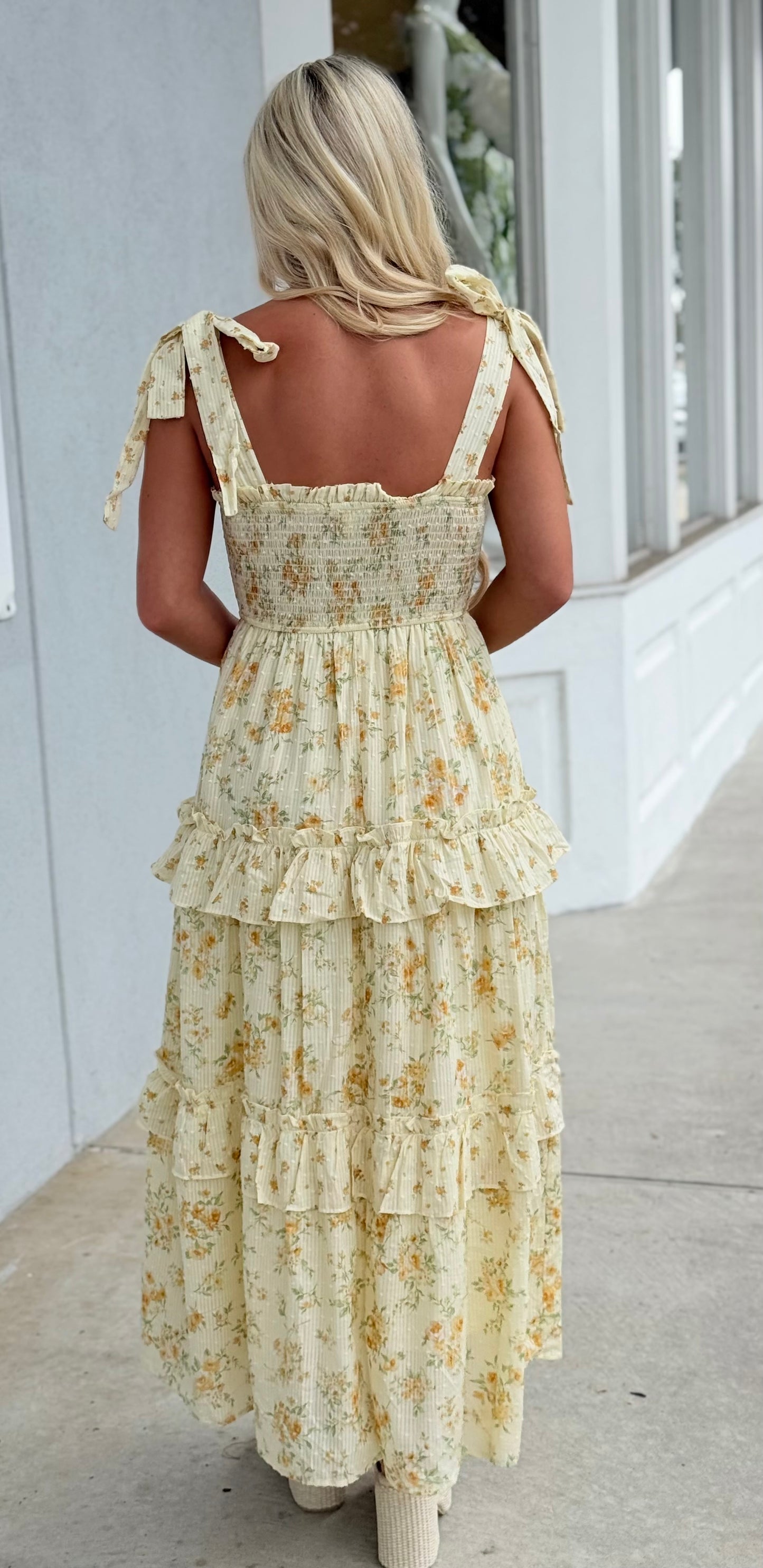 Yellow Floral Sweetheart Smocked Ruffle Midi Dress