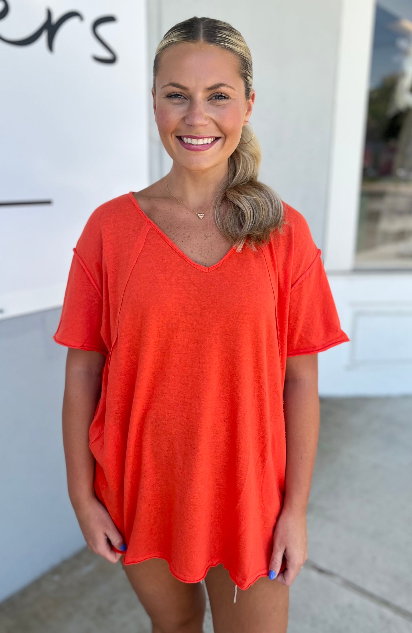 V Neck Pocket Top, Coral