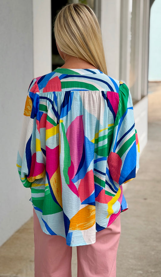 Bright Abstract Button Down Blouse