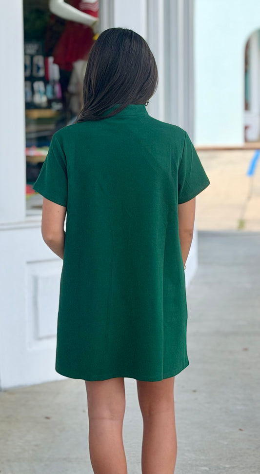 Stand Collar V-Neck Slit Mini Dress, Hunter Green