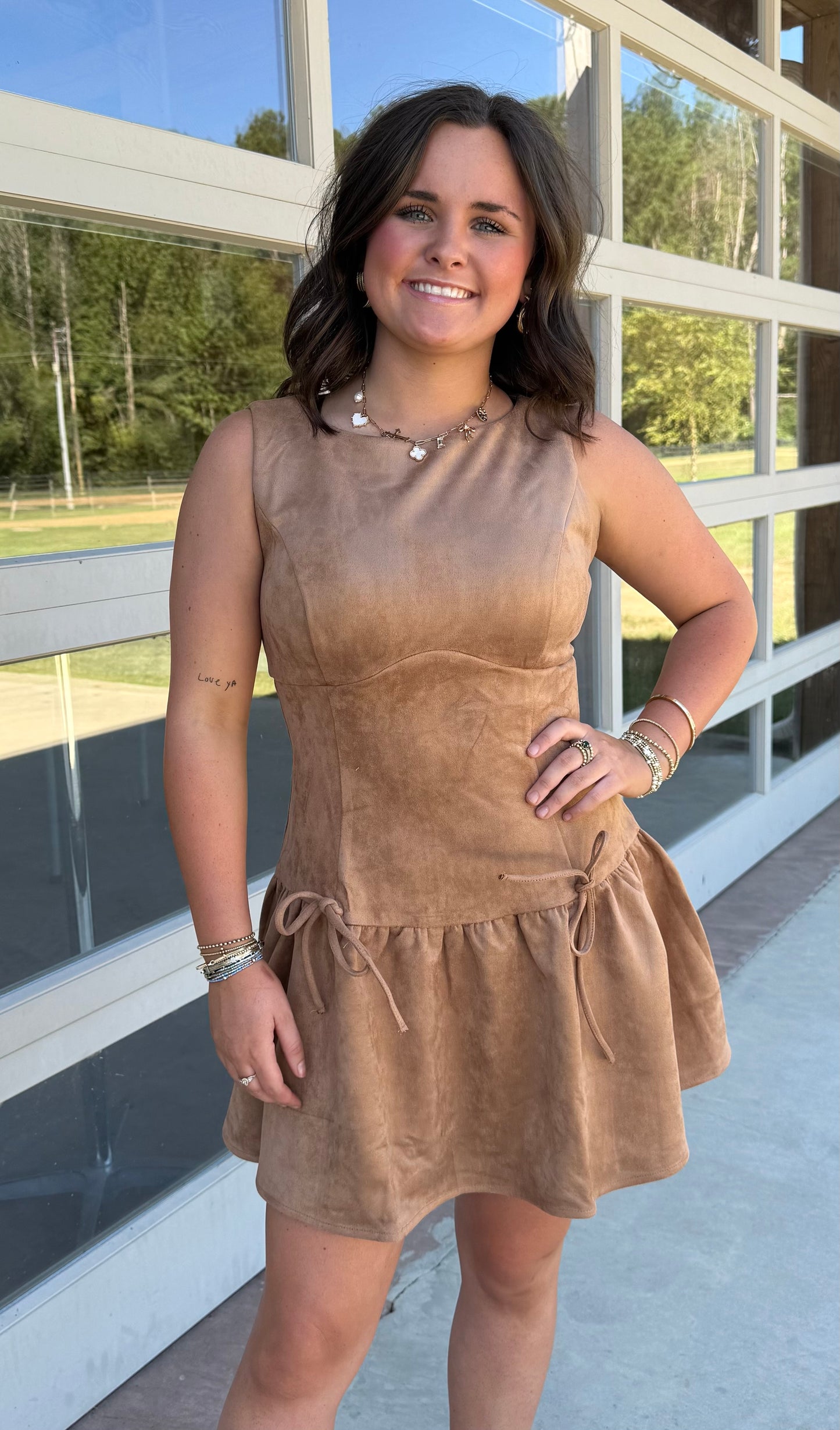 Camel Suede Ruffle Drop Dress