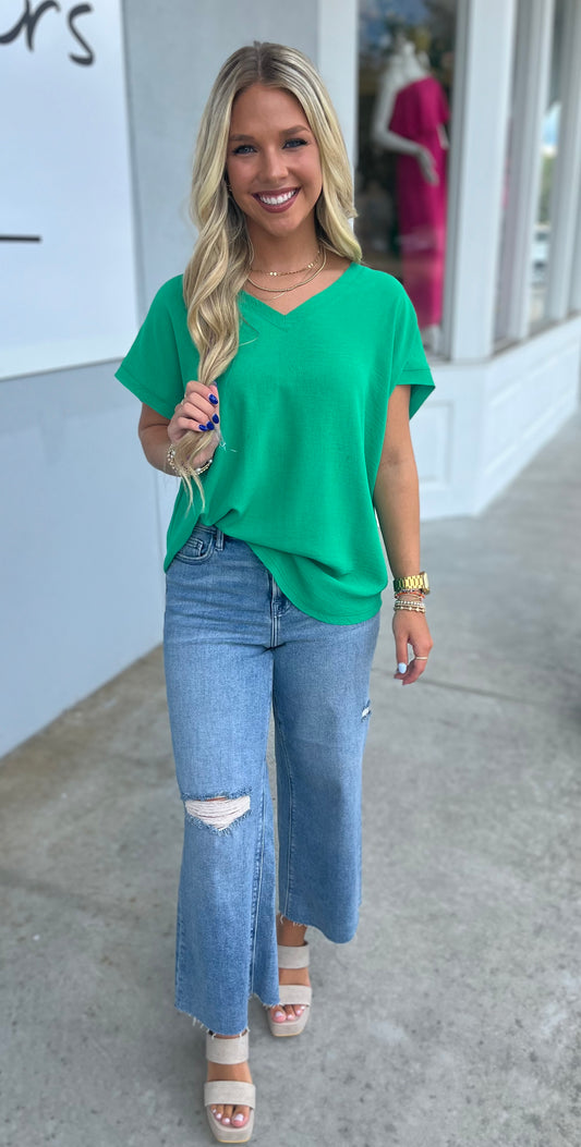 Emerald V Neck Raw Edge Top