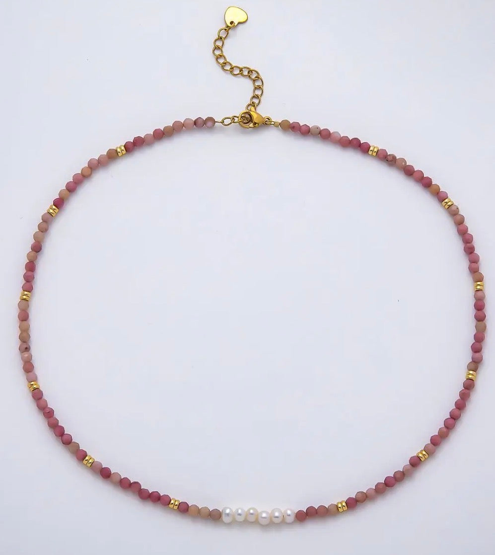 Handmade 3mm Shell Pearl Rose Quartz 15,5in Necklace