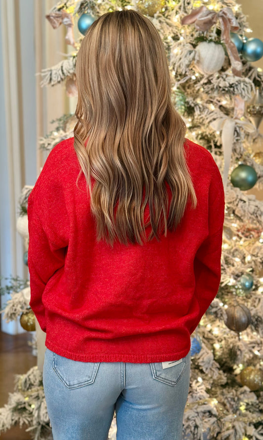 Red Brushed Front Tie Sweater