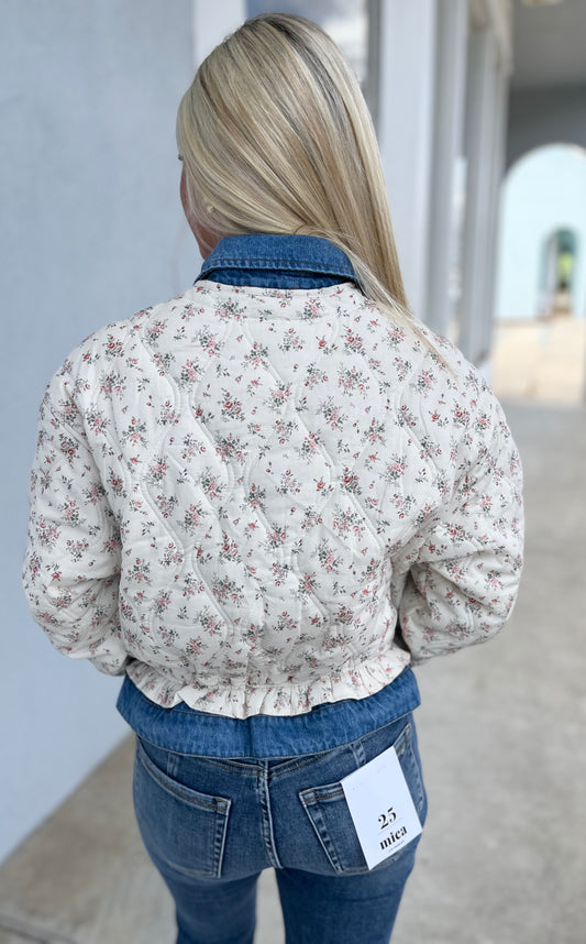 Denim Floral Printed Button Down Jacket