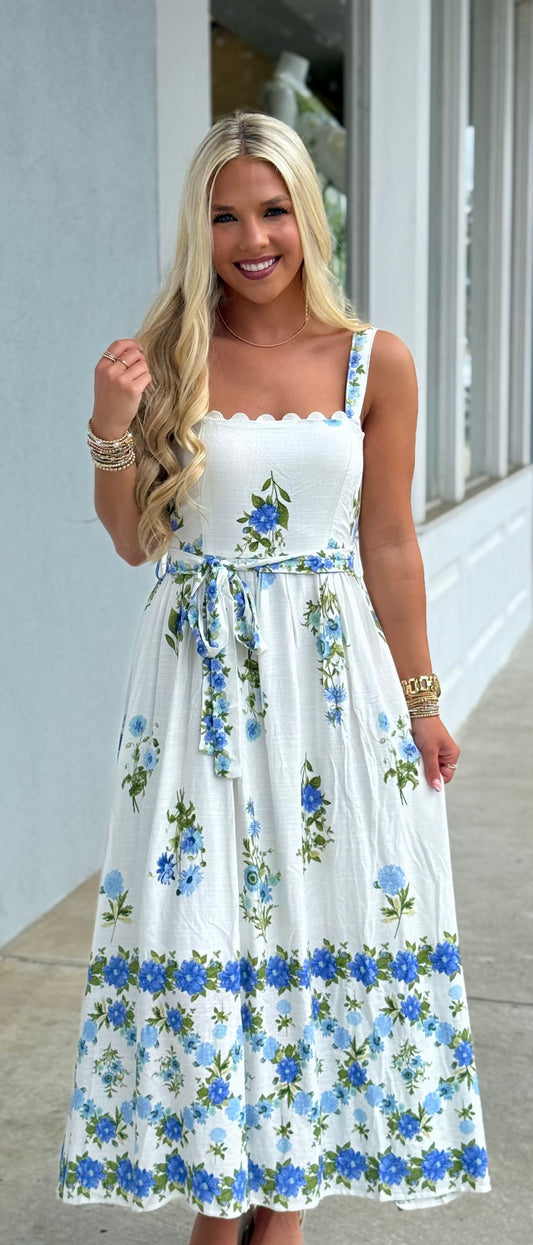 Blue Multi Floral Border Pattern Midi Dress