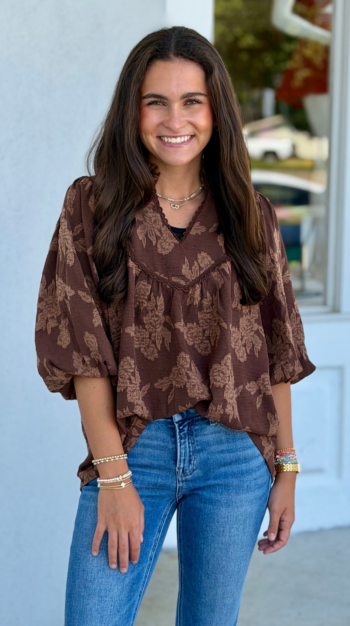 Floral Textured Scalloped V-Neck Babydoll Blouse, Cocoa