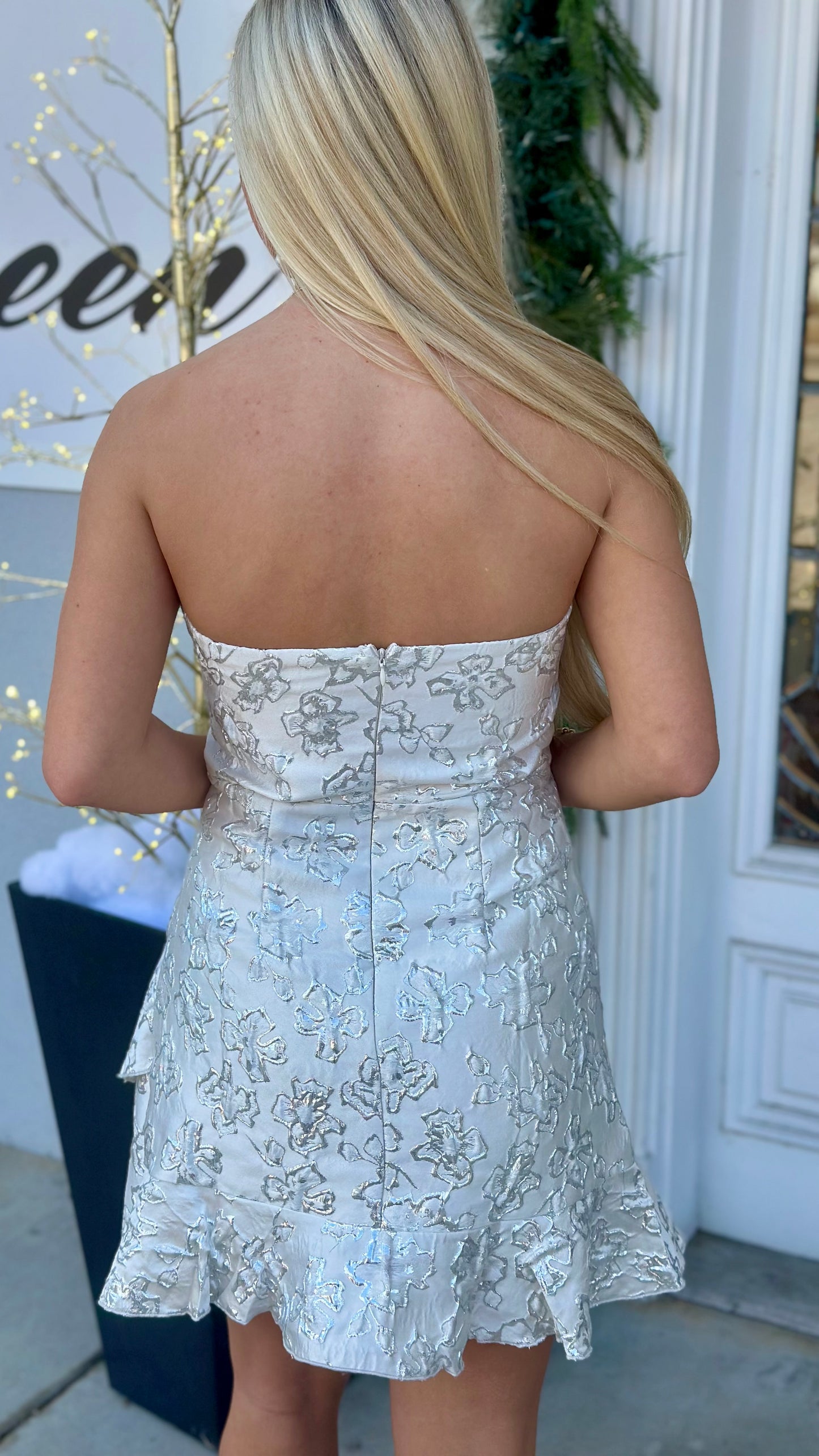 Silver Strapless Jacquard Dress