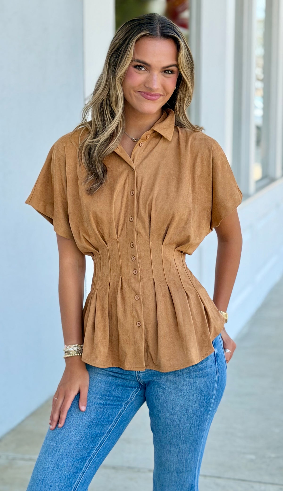 Suede Button Down Blouse, Camel