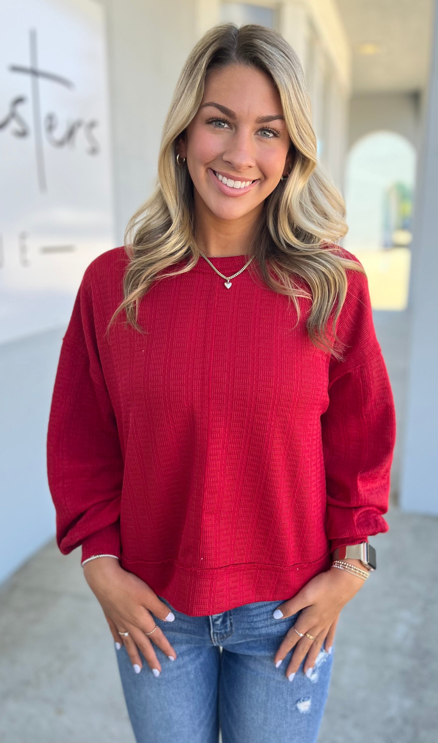 Raw Edge Textured Knit Top , Red