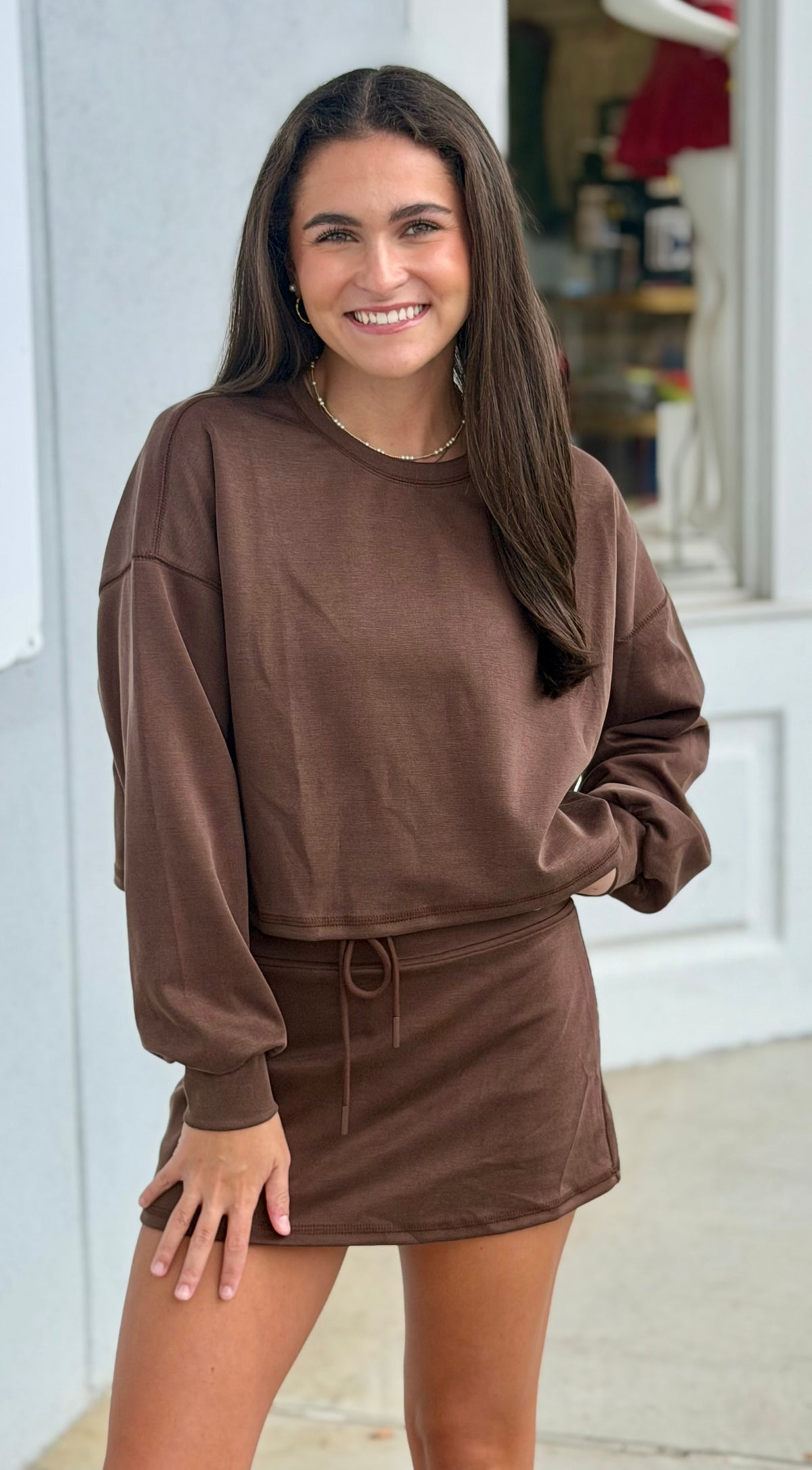 Brown Lounge Crew Neck Top & Skort SET