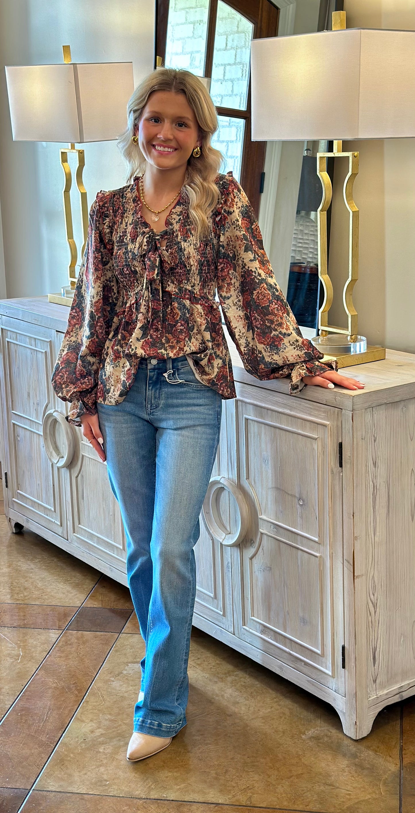 Antique Rust Tied Bow Smock Babydoll Blouse