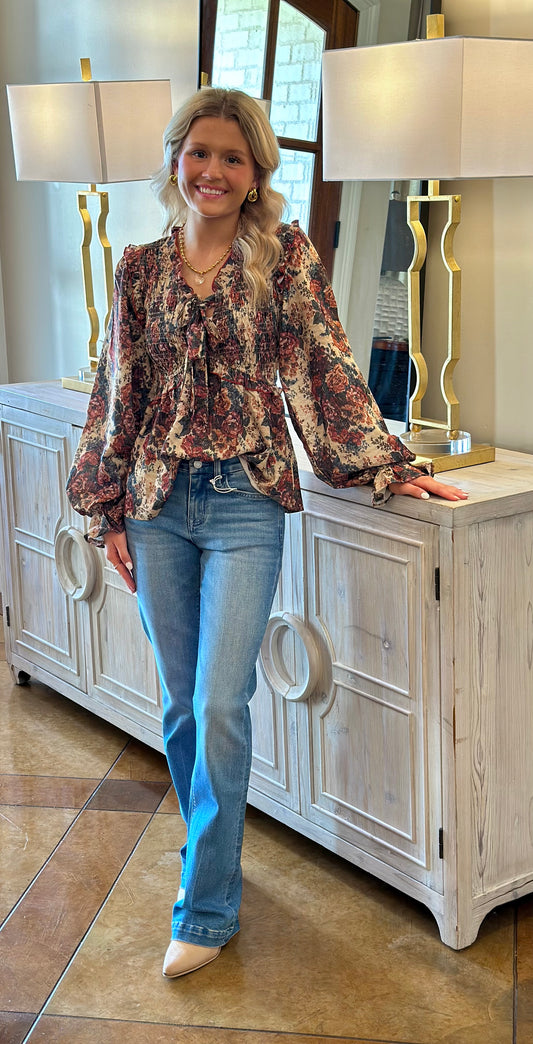 Antique Rust Tied Bow Smock Babydoll Blouse