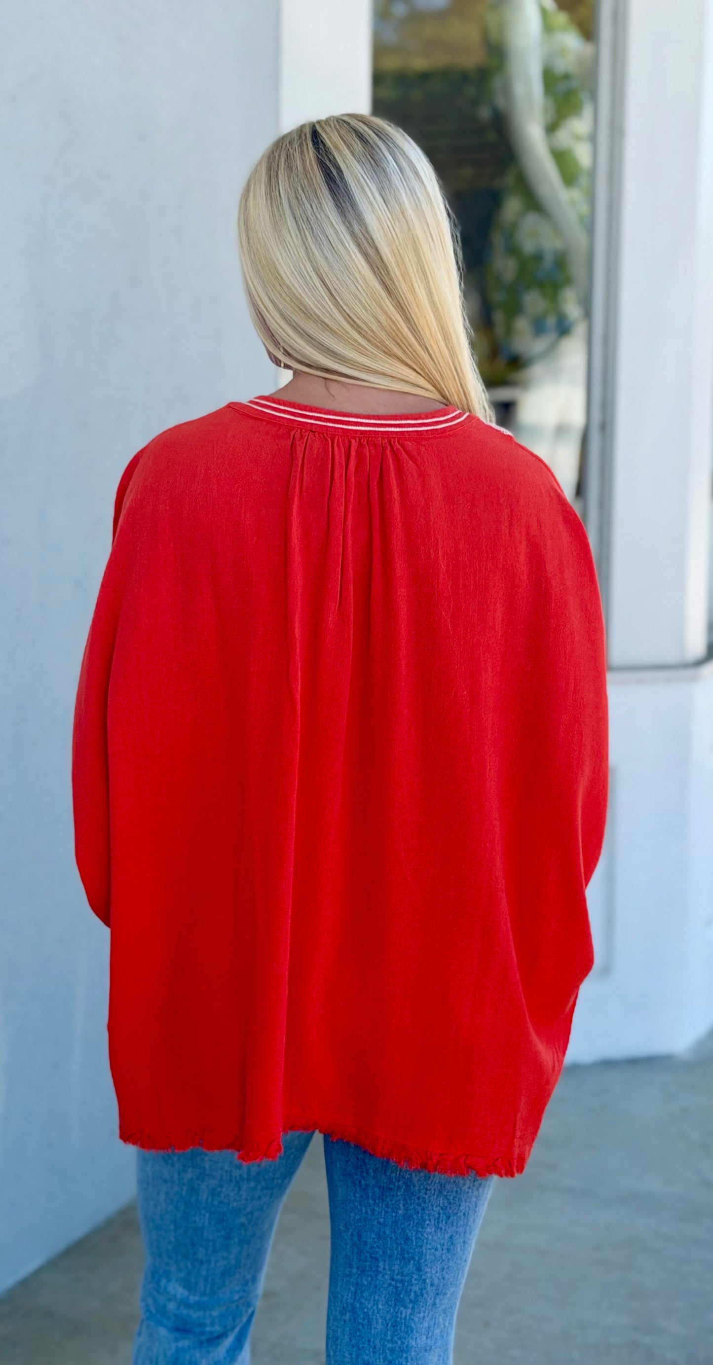 Tomato Linen V Neck Dolman Top