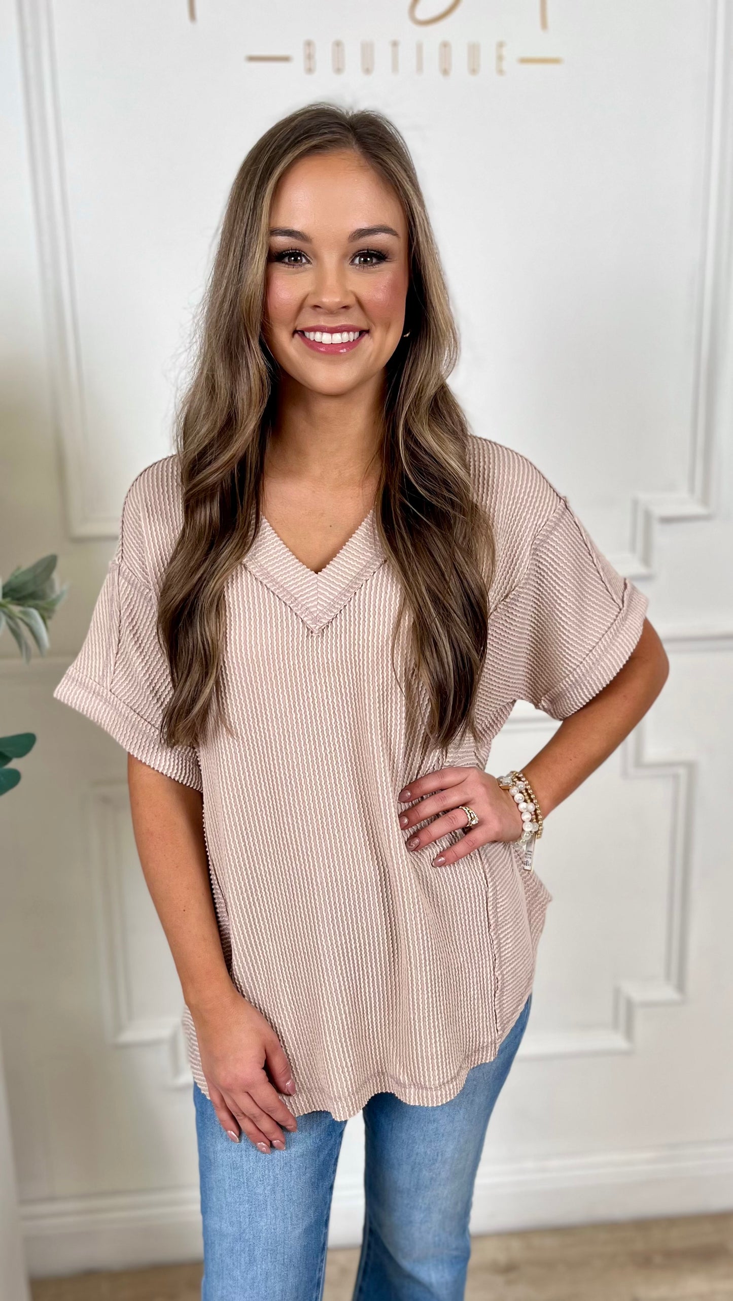 Ribbed V Neck Knit Tee, Oat