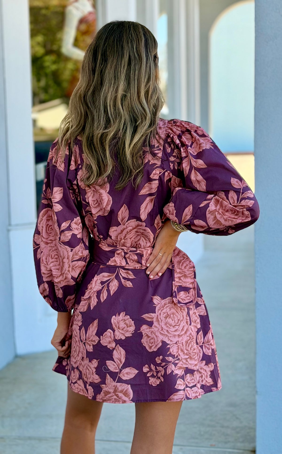 Kaley Floral Belted Mini Dress Wine Pink