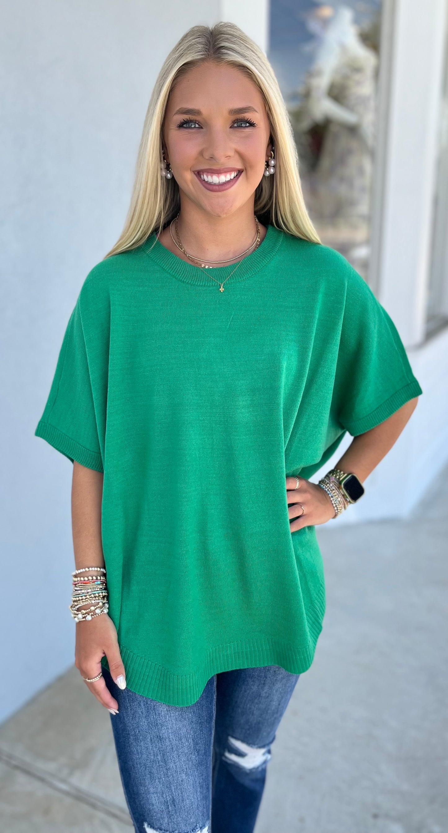 Half Sleeve Round Neck Boxy Top , Emerald