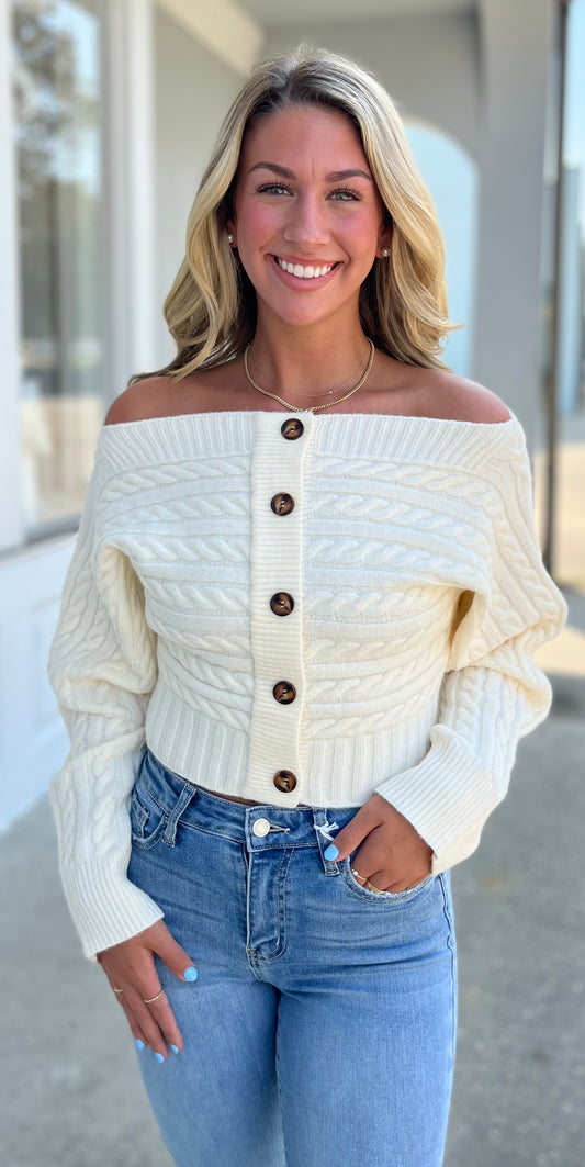 Ivory Off The Shoulder Button Down Sweater
