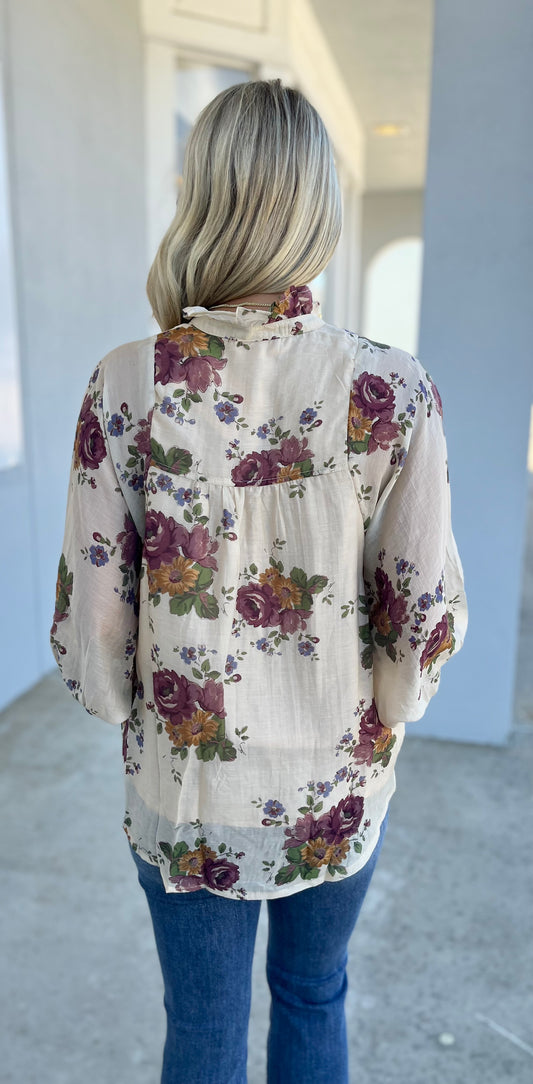 Ecru Floral Button Top
