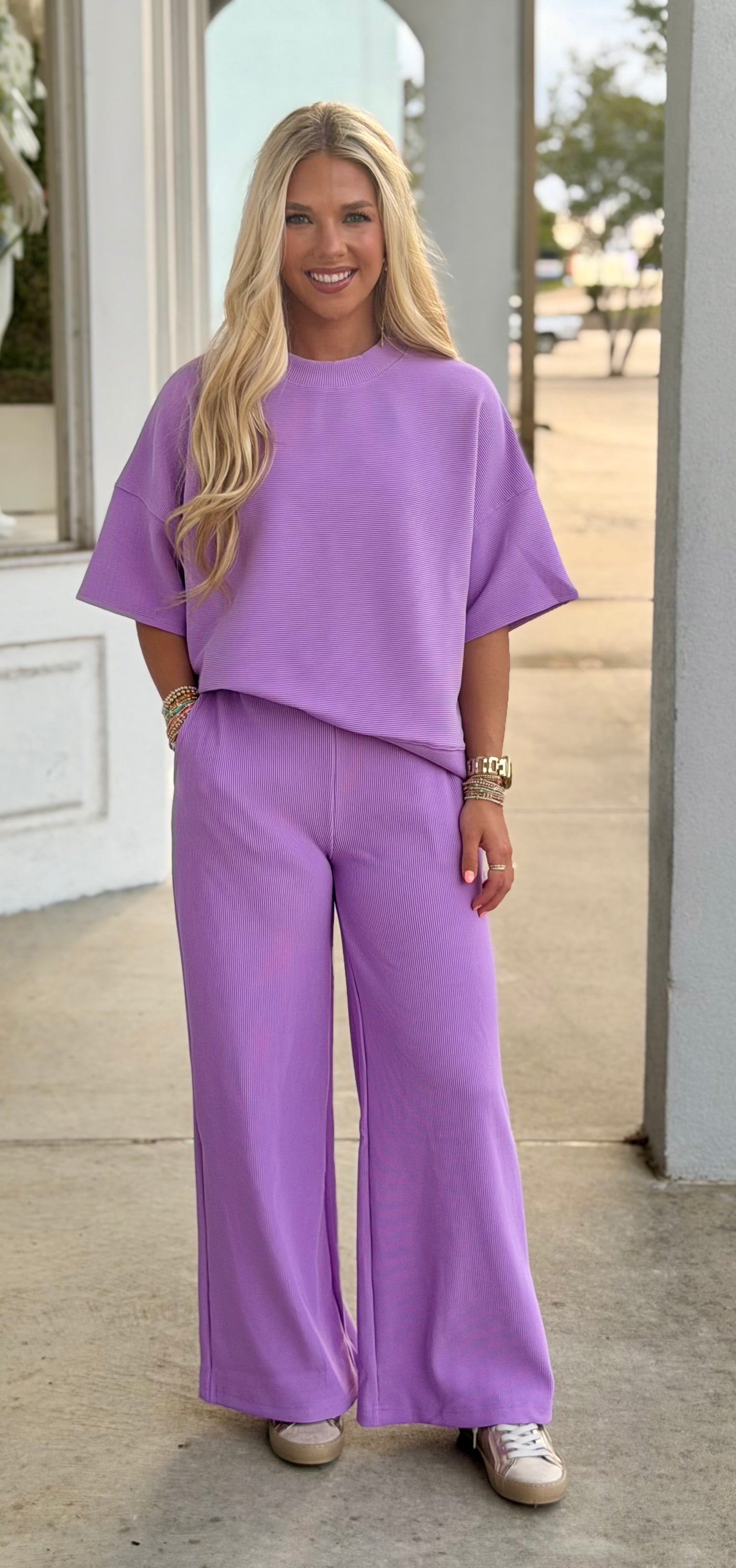 Ribbed Round Neck Tee and Pant SET, B Lavender