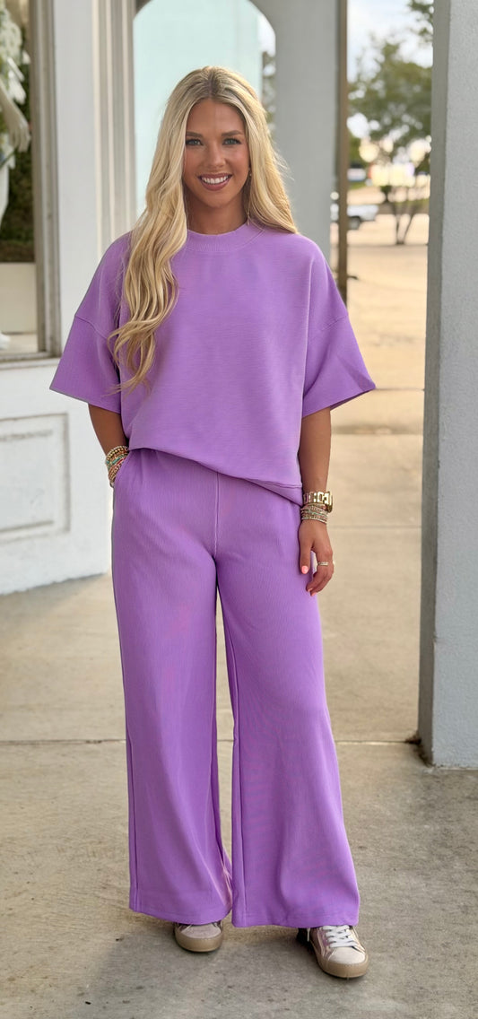 Ribbed Round Neck Tee and Pant SET, B Lavender