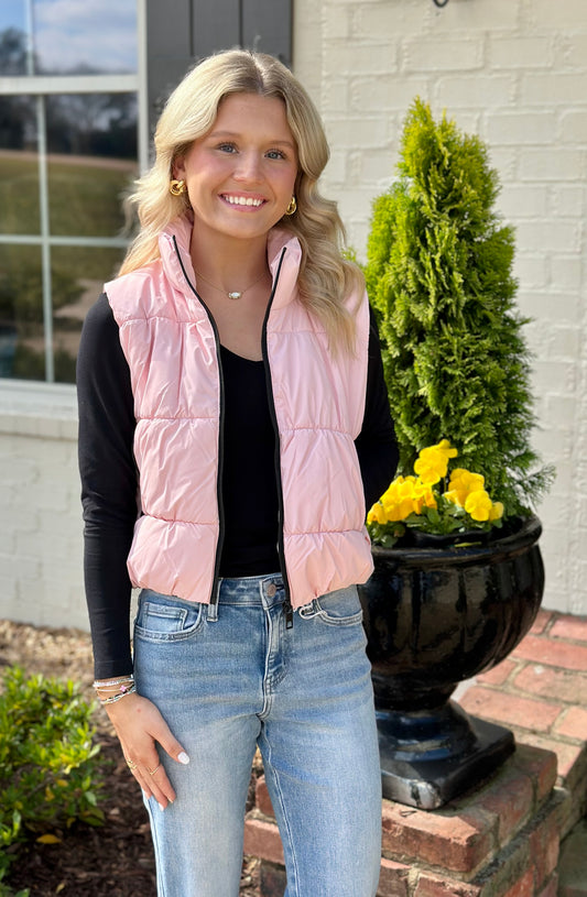 Quilted Zip Puffer Vest, Pink
