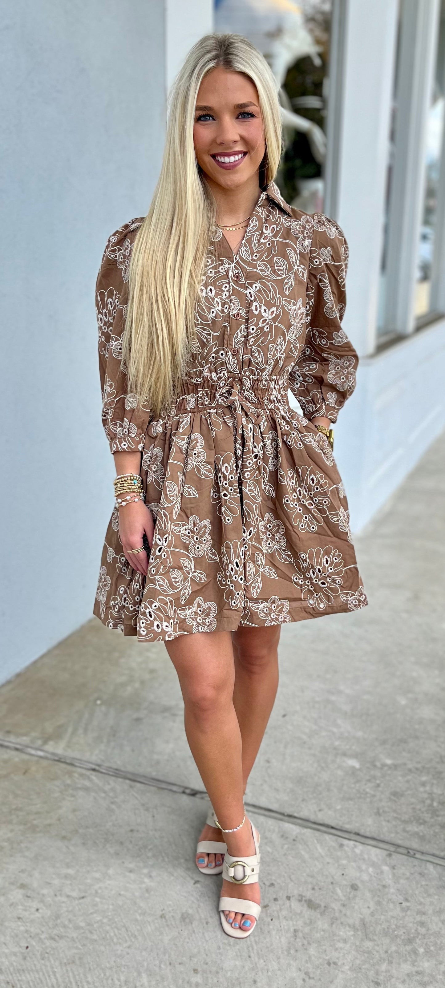 Brown Floral Print Elastic Waist Dress