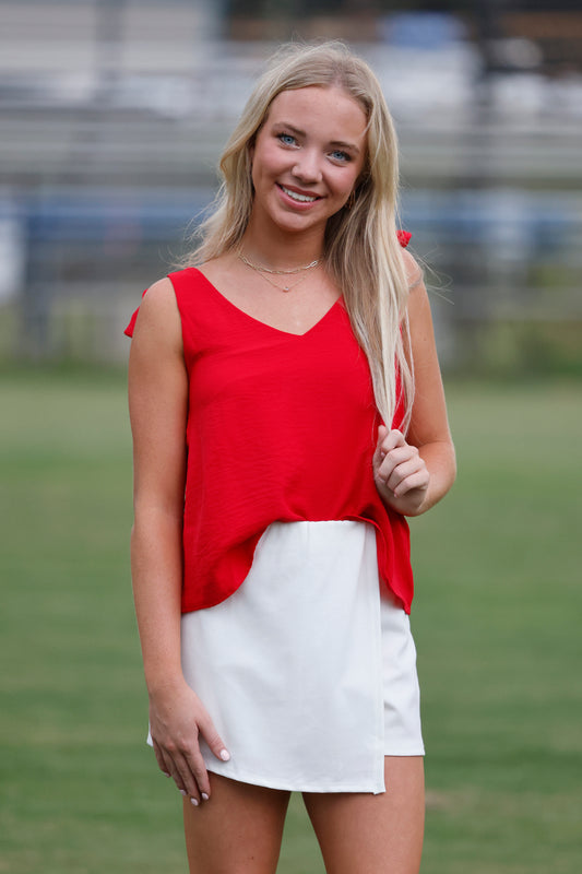 Red V Neck Self Tie Strap Top