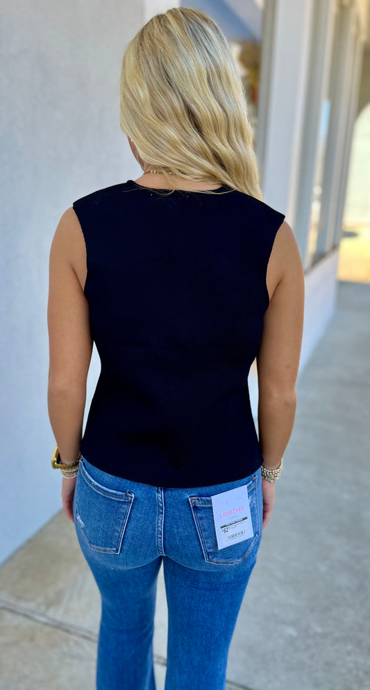 Sleeveless Gold Button Knit Sweater Vest, Black