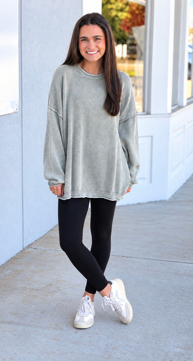 Light Olive Washed Raw Edge Sleeve Sweater