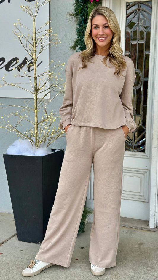 French Rib Pullover & Pants Set, Beige
