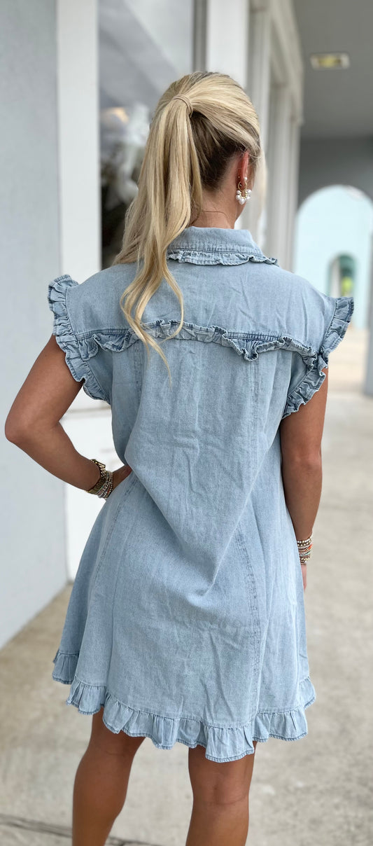 Denim Ruffle Pocket Dress