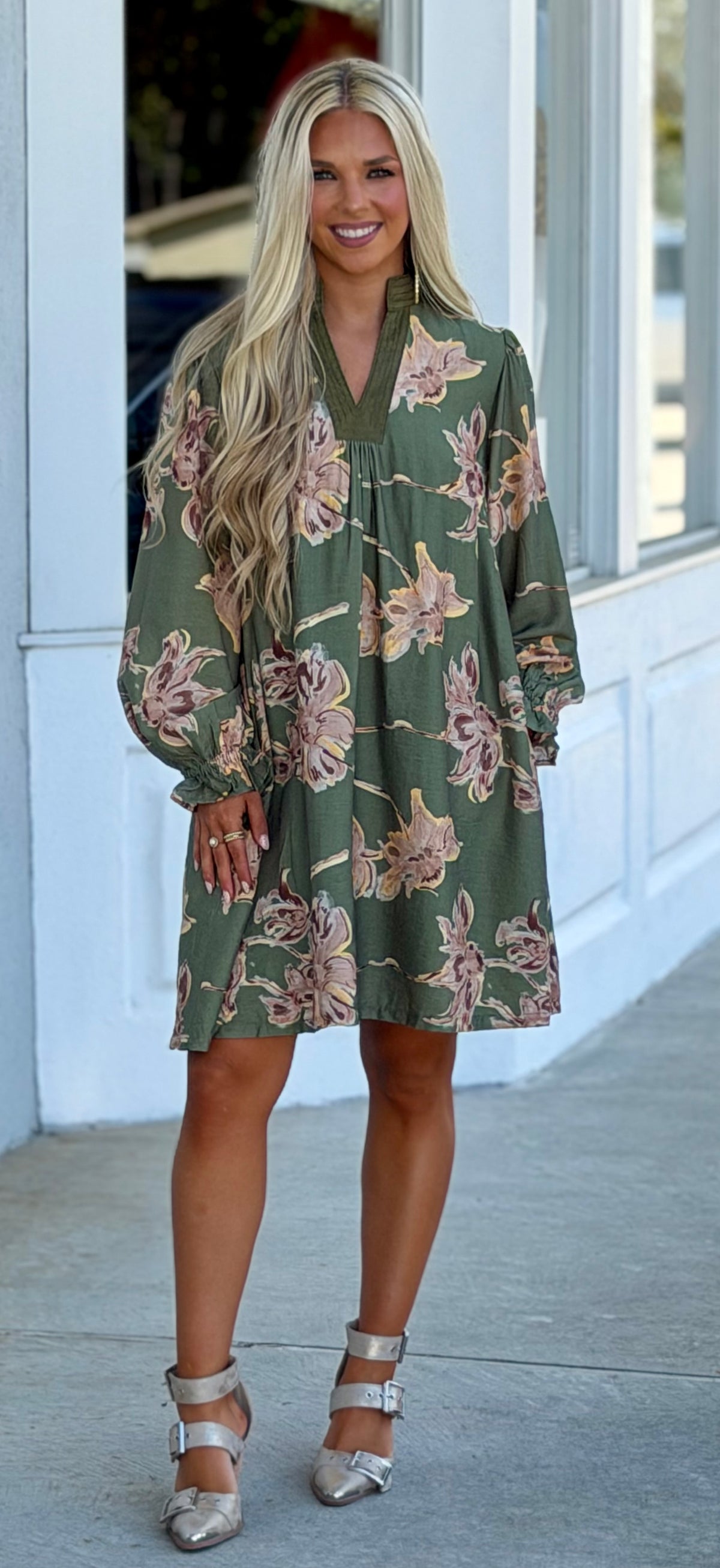 Olive Floral V Neck Dress