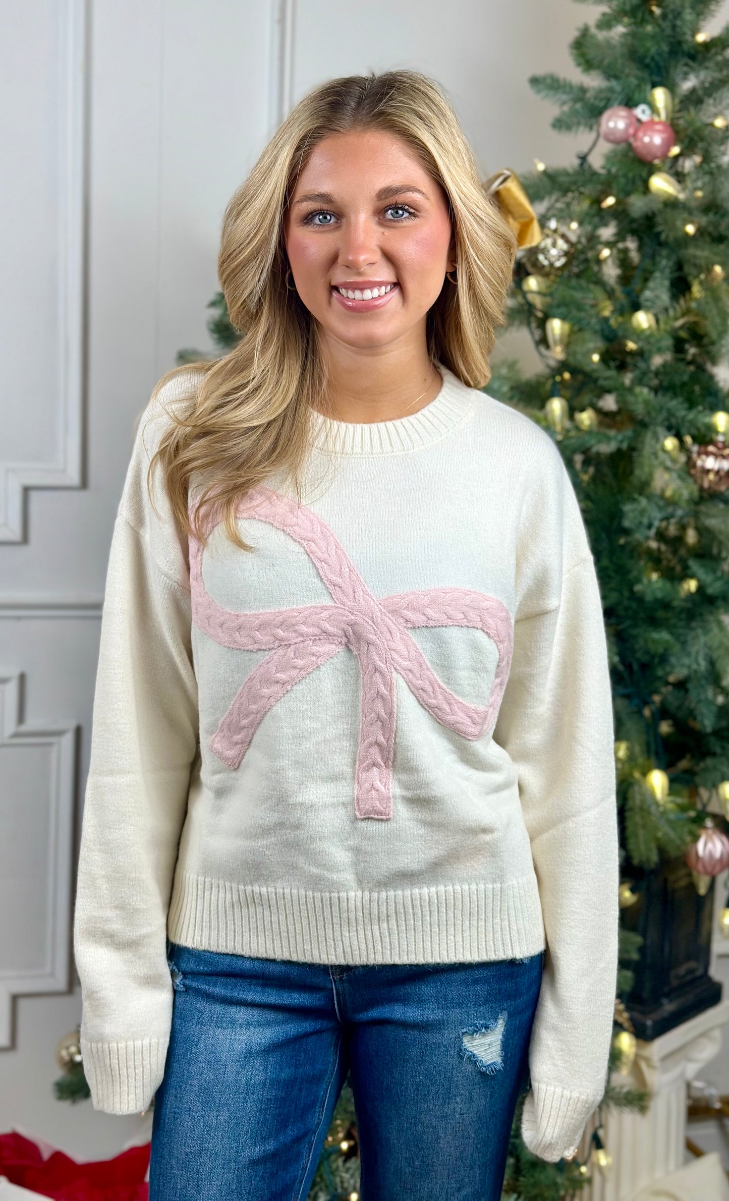 Cream/Pink Bow Sweater