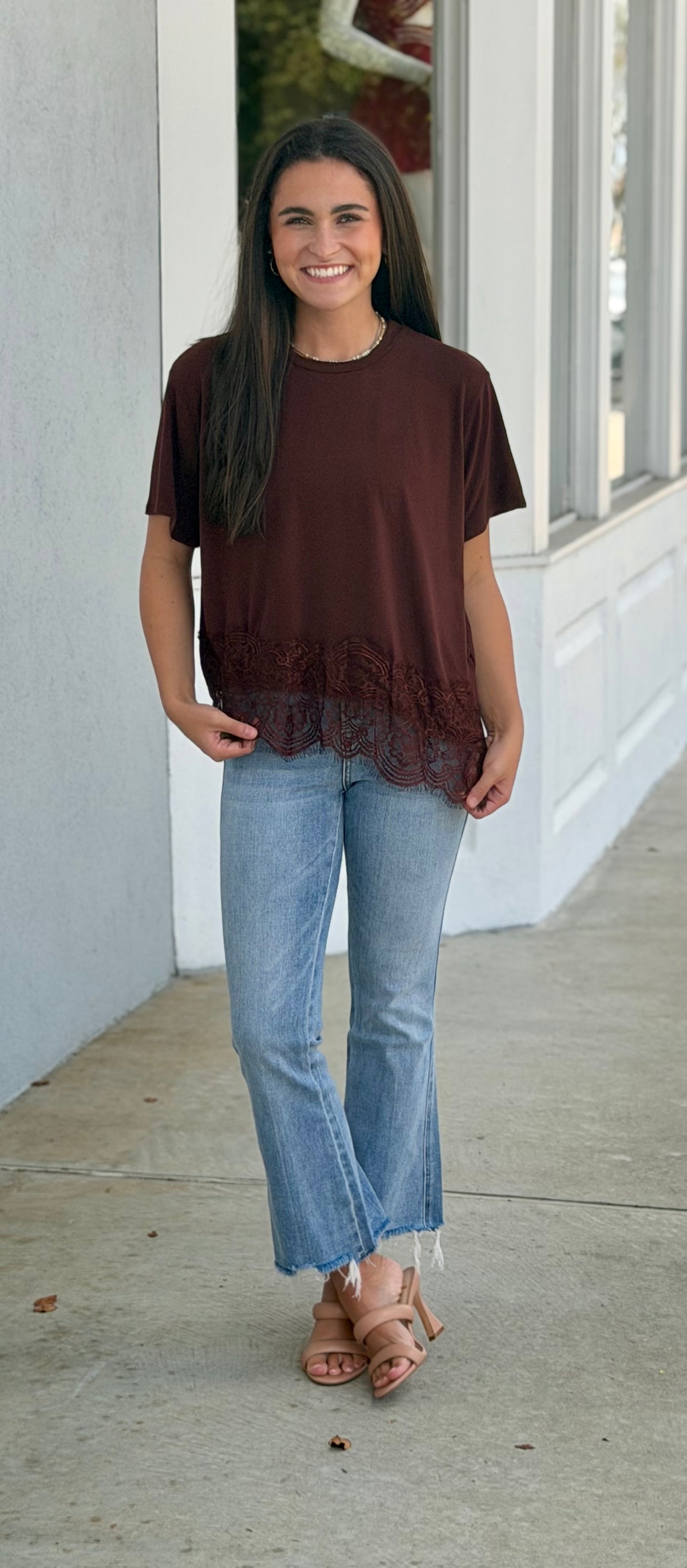 Asymmetrical Lace Trim Top , Brown