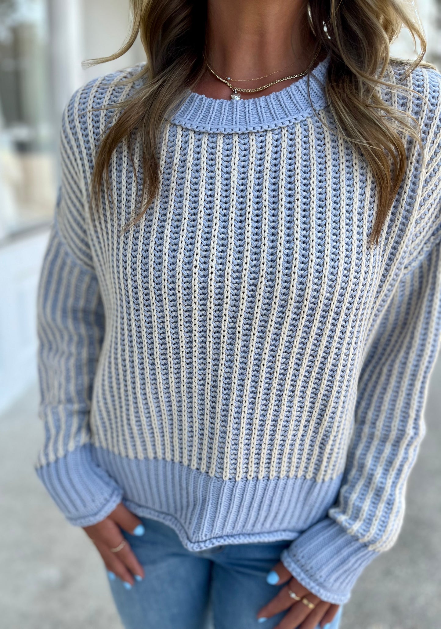 Dusty Blue Striped Oversized Sweater