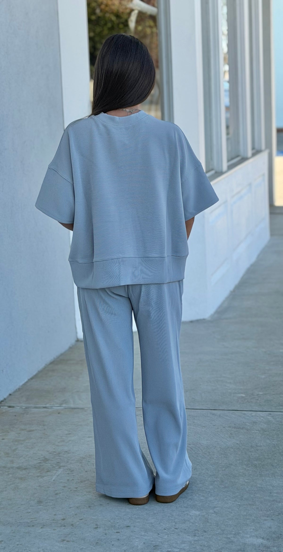 Ribbed Round Neck Tee and Pant SET, Lt Grey