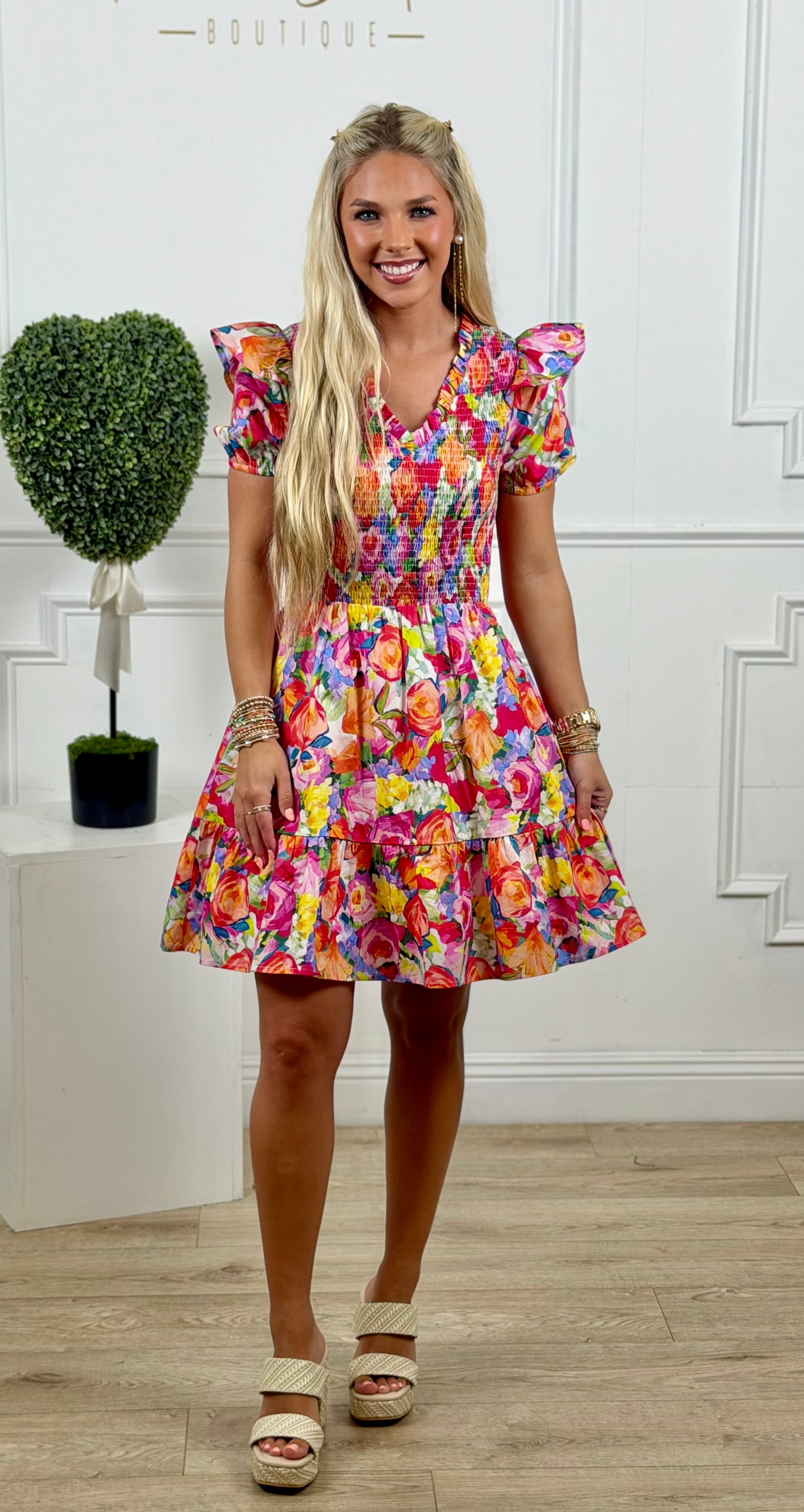Multi Vibrant Floral Poplin Smocked Bodice Mini Dress