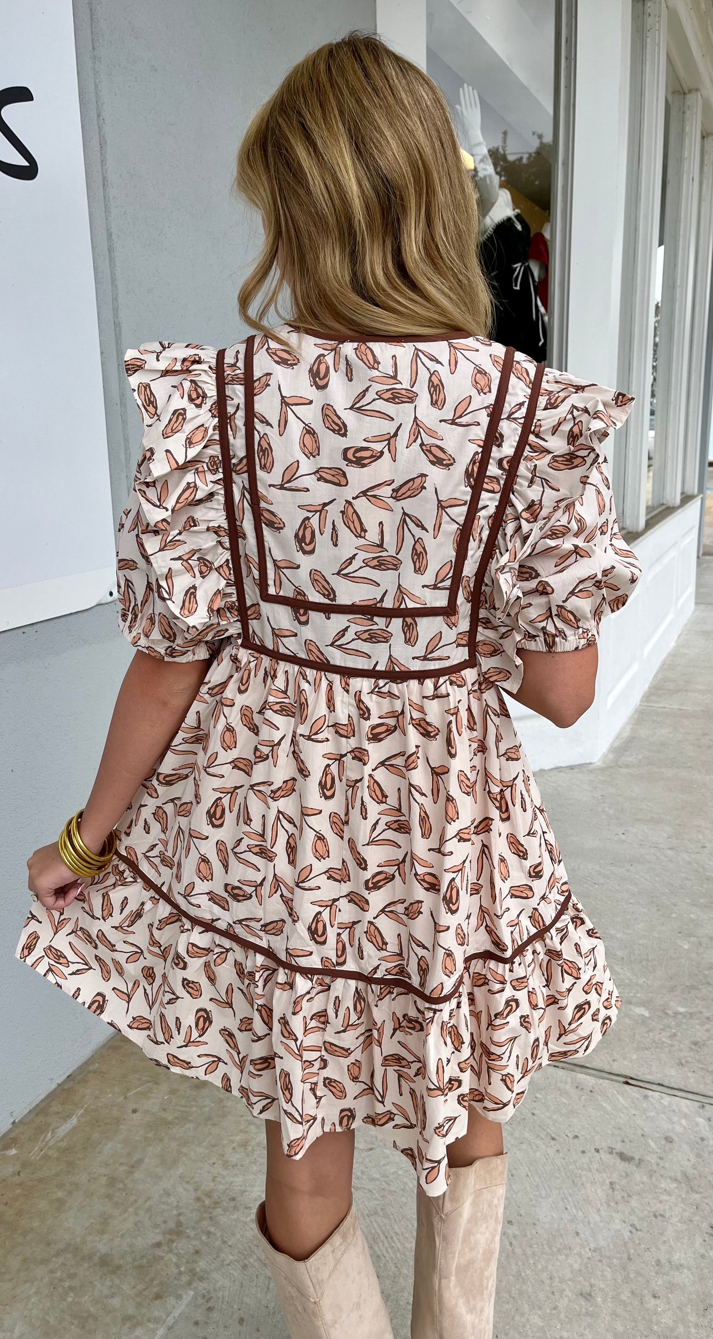 Printed Floral V Neck Ruffle Sleeve Dress
