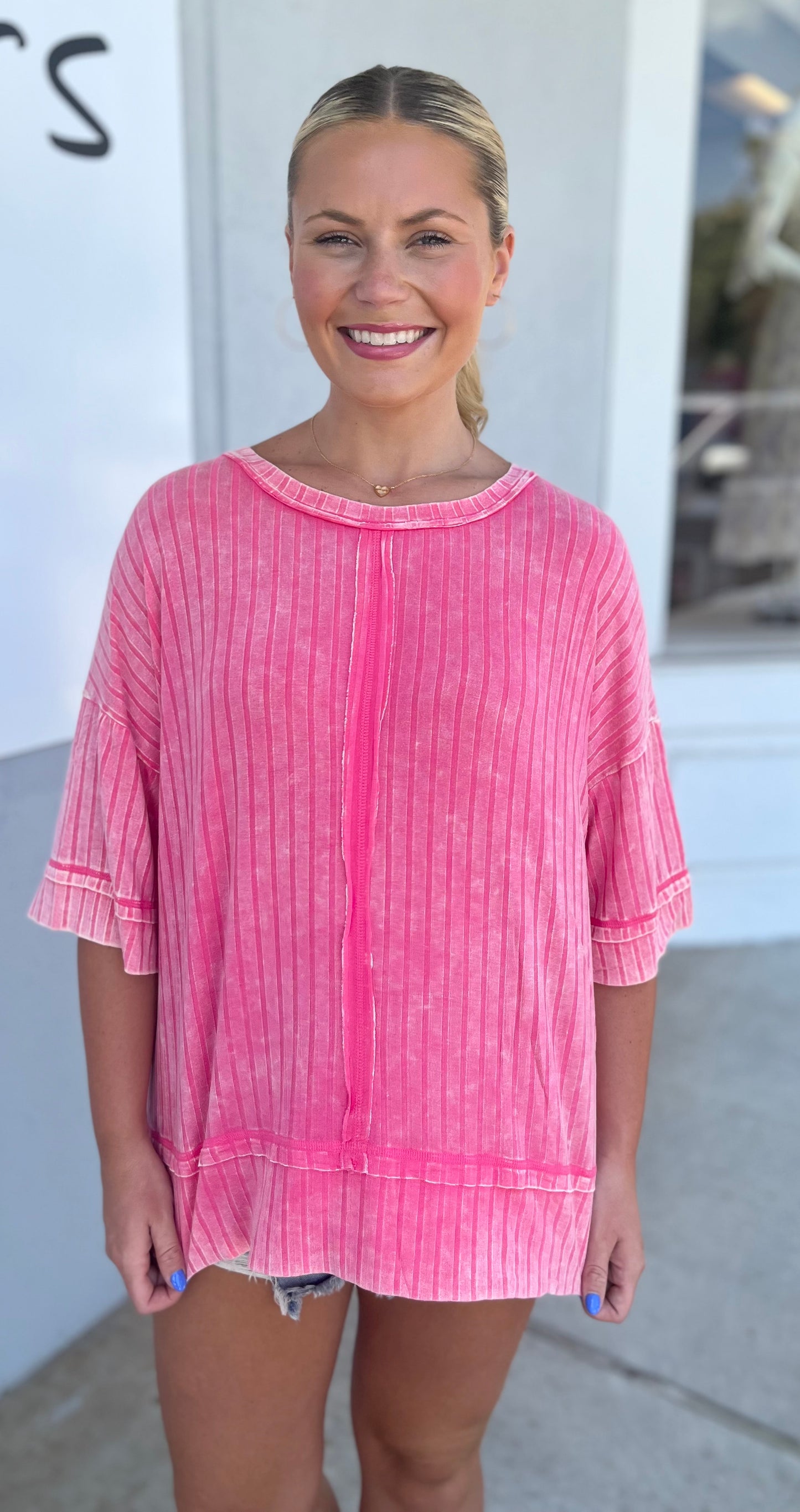 Fuchsia Ribbed Half Sleeve Boat Neck Top