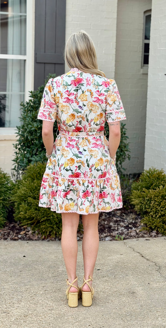 Cream Printed V Neck With Waist Tie Mini Dress