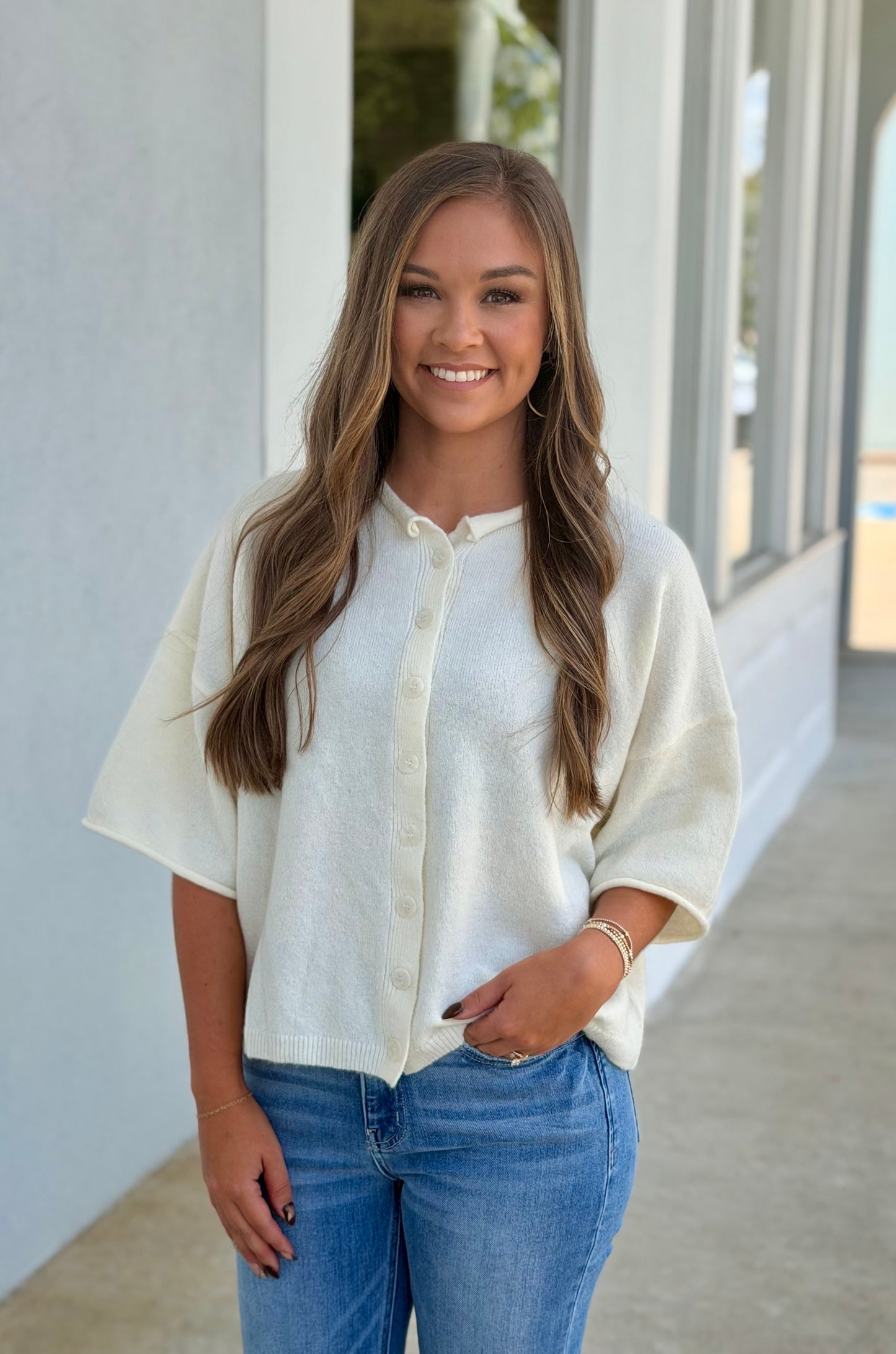 Ivory Raw Edge Button Down Boxy Cardigan