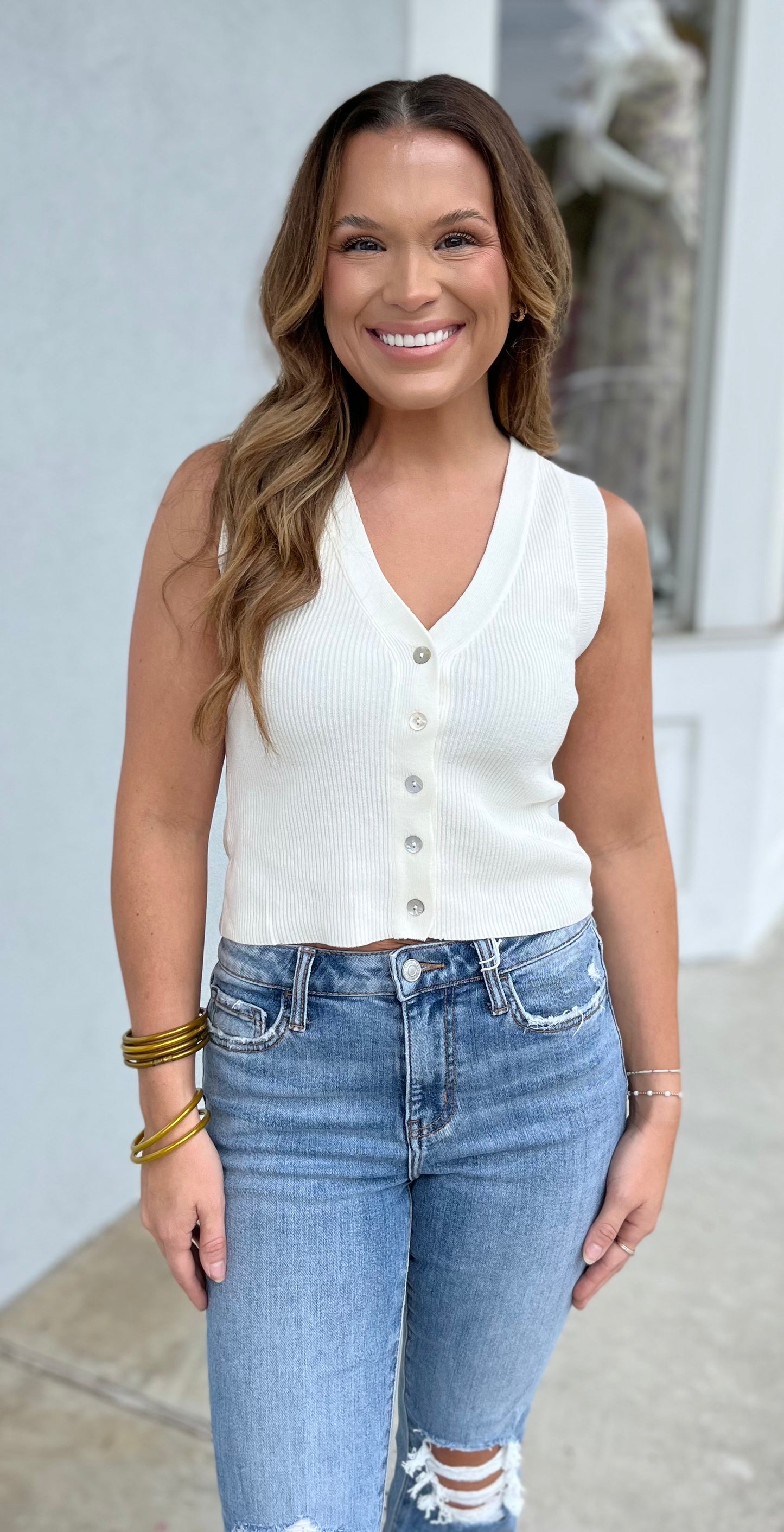 Off White Button Down V Neck Tank