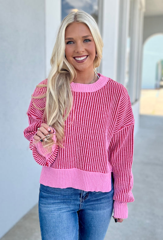 Two Tone Striped Sweater, Pink